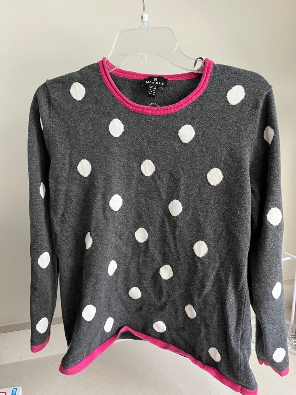 MARBLE Charcoal Polka Dot Crew Sweater with Pink Trim